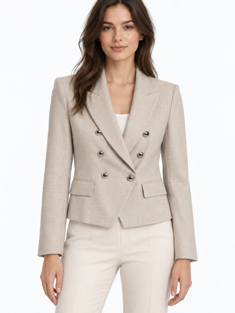 ZARA Beige Textured Double Breasted Blazer Metallic Buttons XS